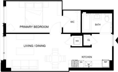 Floor plan for 1 bed, 1 bath, 536 sqft